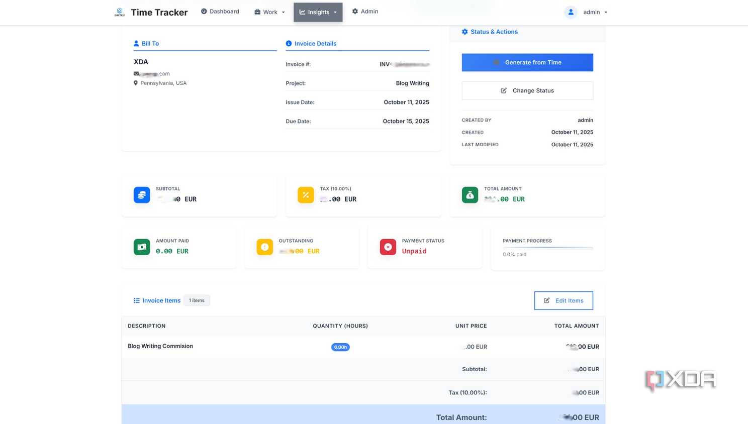 Invoice in Time Tracker app
