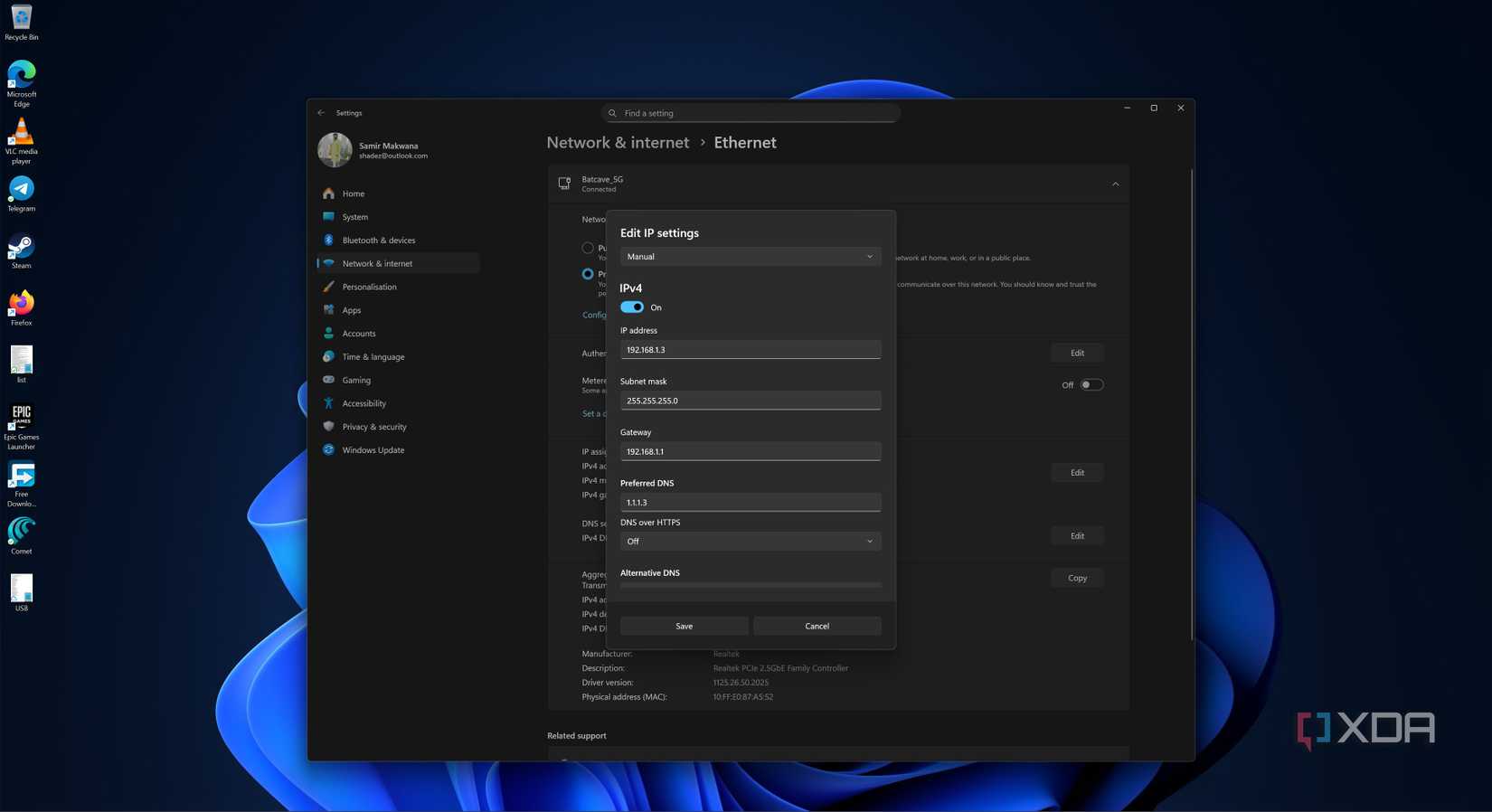 Configuración manual de la dirección IP en un escritorio con Windows 11