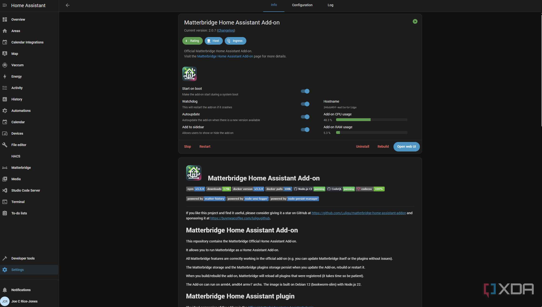 screenshot of home assistant with the matterbridge add-on