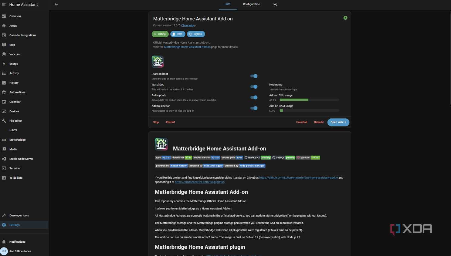 screenshot of home assistant with the matterbridge add-on