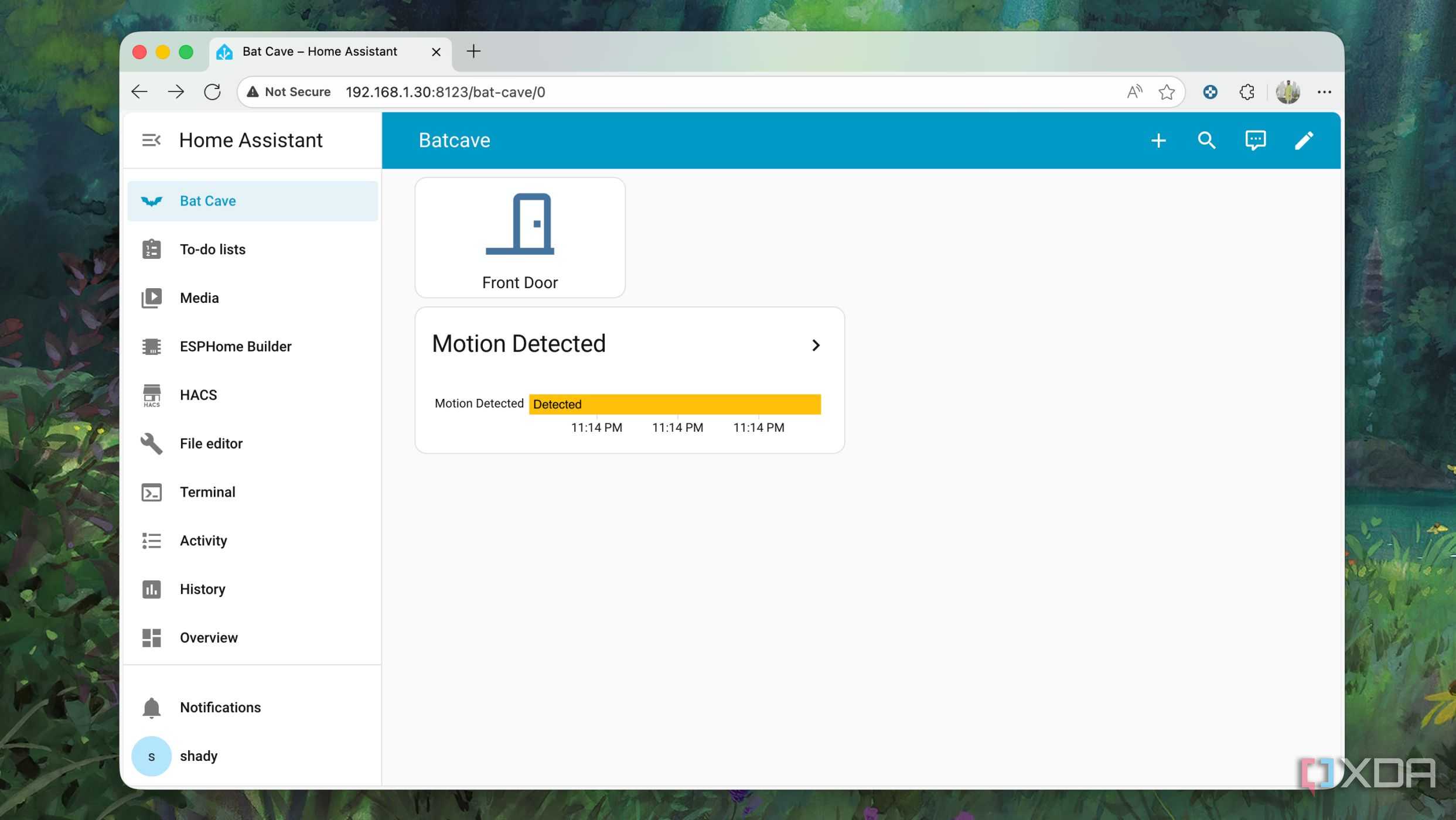 The Motion. Detection card on Home Assistant's dashboard