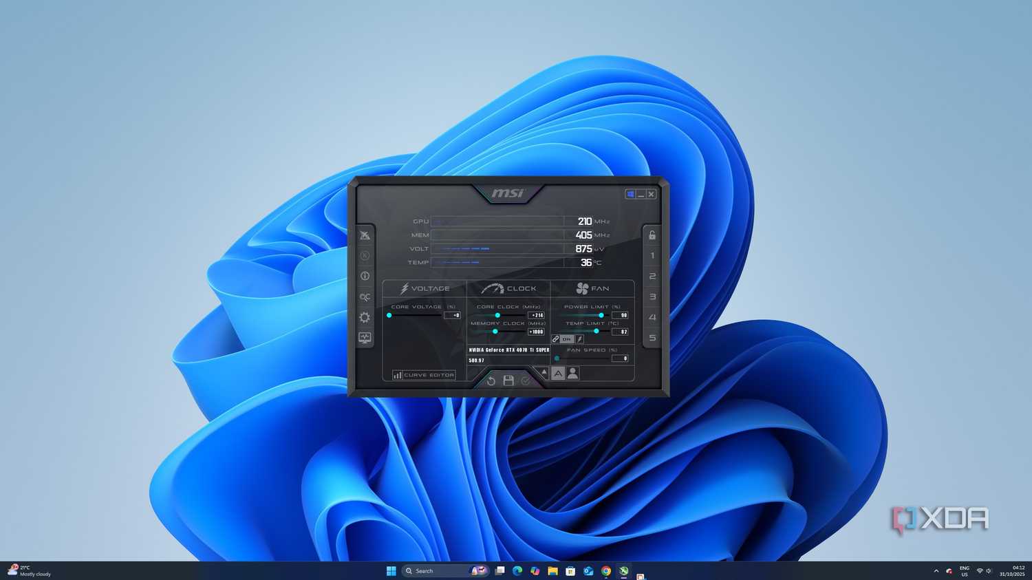 An image showing MSI Afterburner overclock settings on a screen.