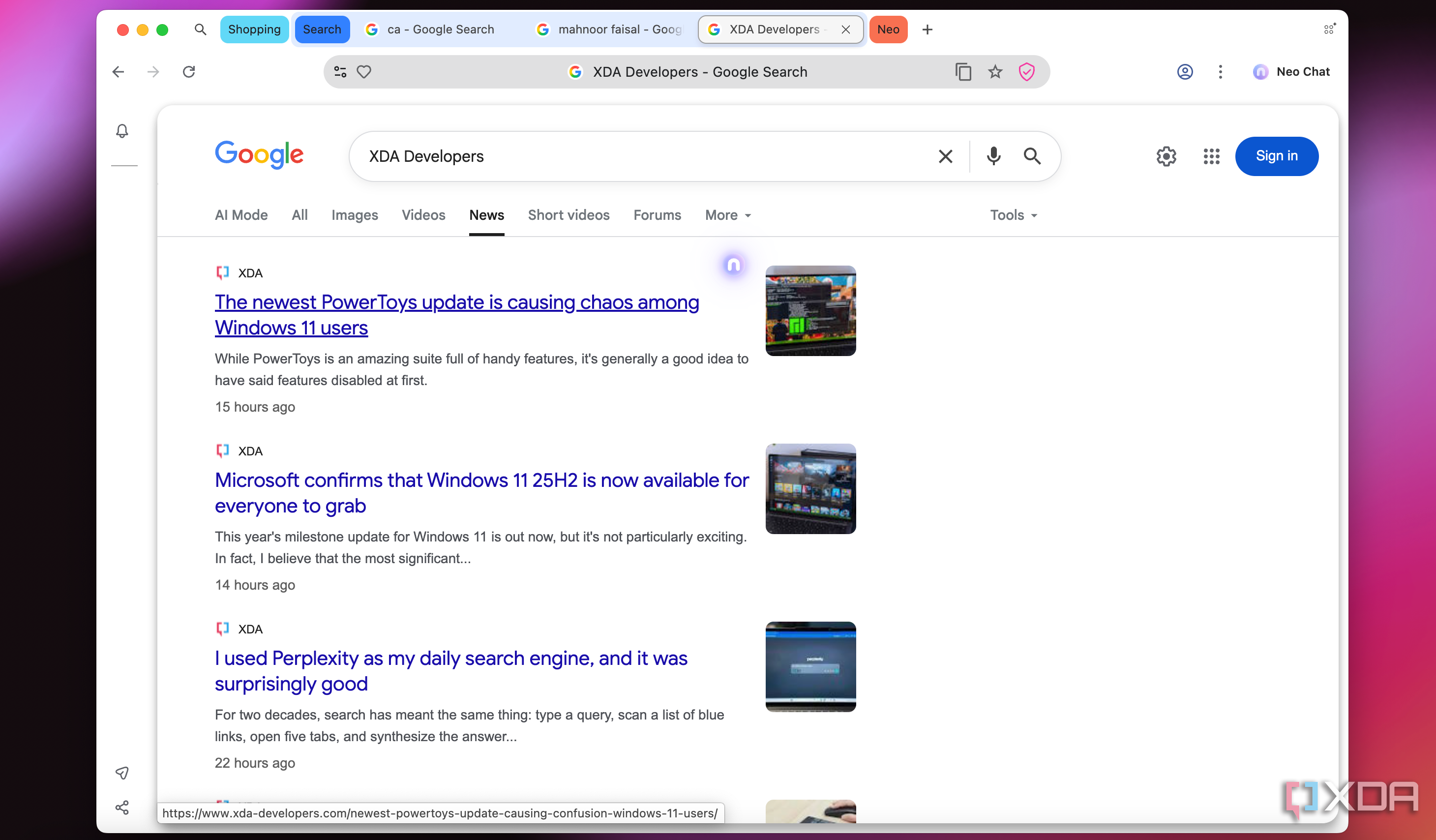 Norton Neo AI options in Google Search result