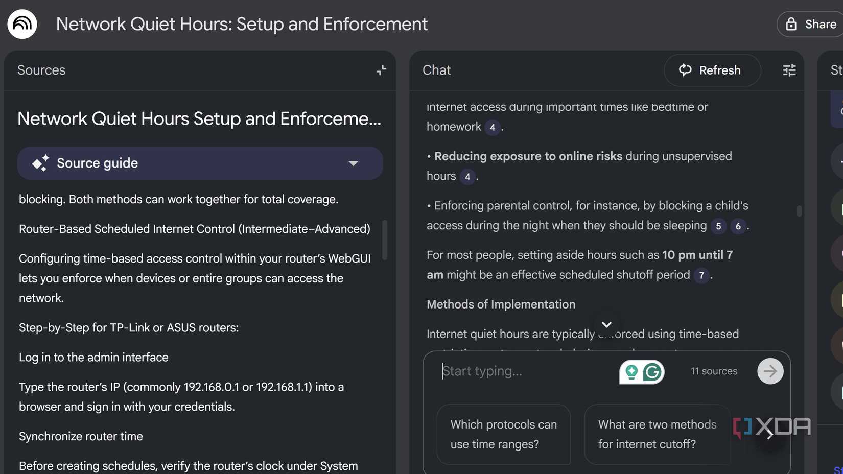NotebookLM que muestra un texto de investigación sobre las horas tranquilas de Internet