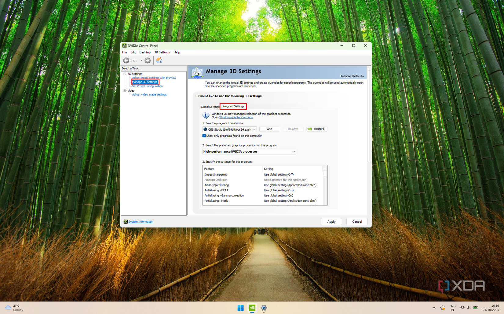 Screenshot of Nvidia Control Panel showing options to change 3D settings for individual programs