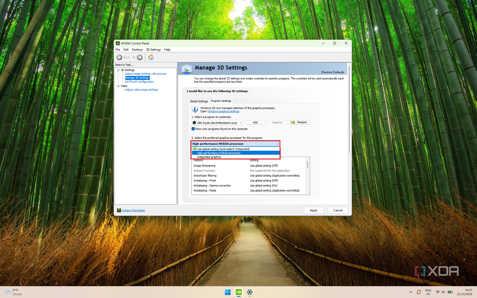 Screenshot of Nvidia Control Panel showing the ability to choose a GPU for a given program to run on