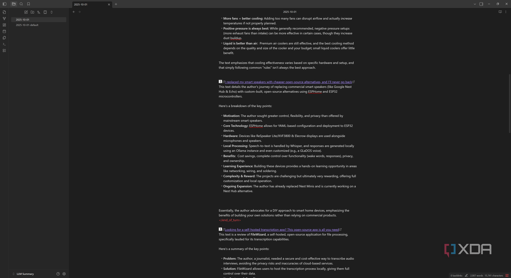 XDA's RSS feed summarized using Matcha and an LLM, shown in Obsidian