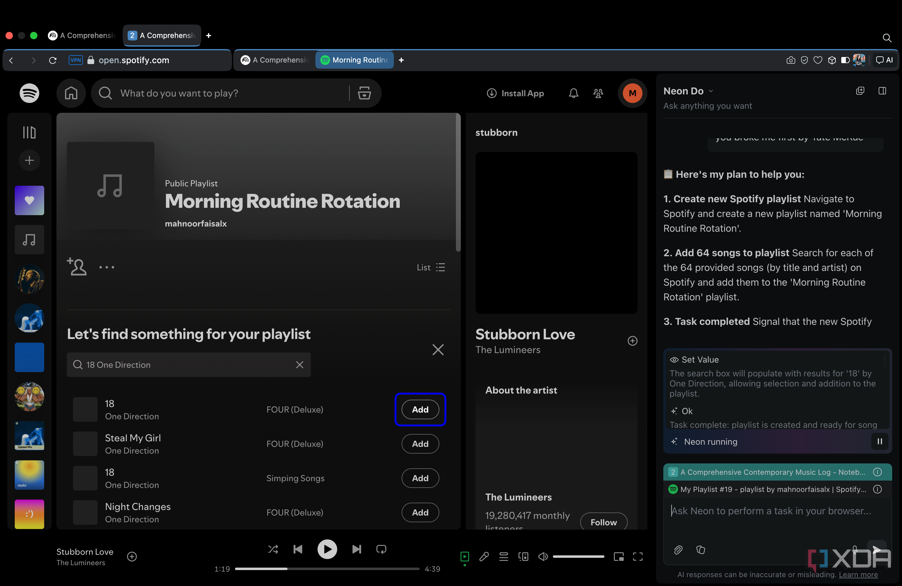 Opera Neon adding 18 by One Direction to playlist