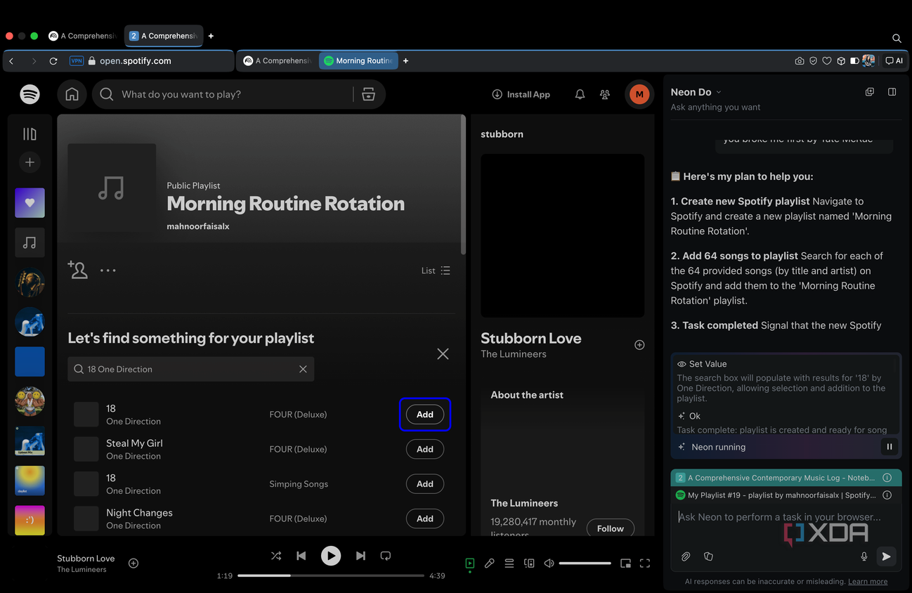 Opera Neon adding 18 by One Direction to playlist