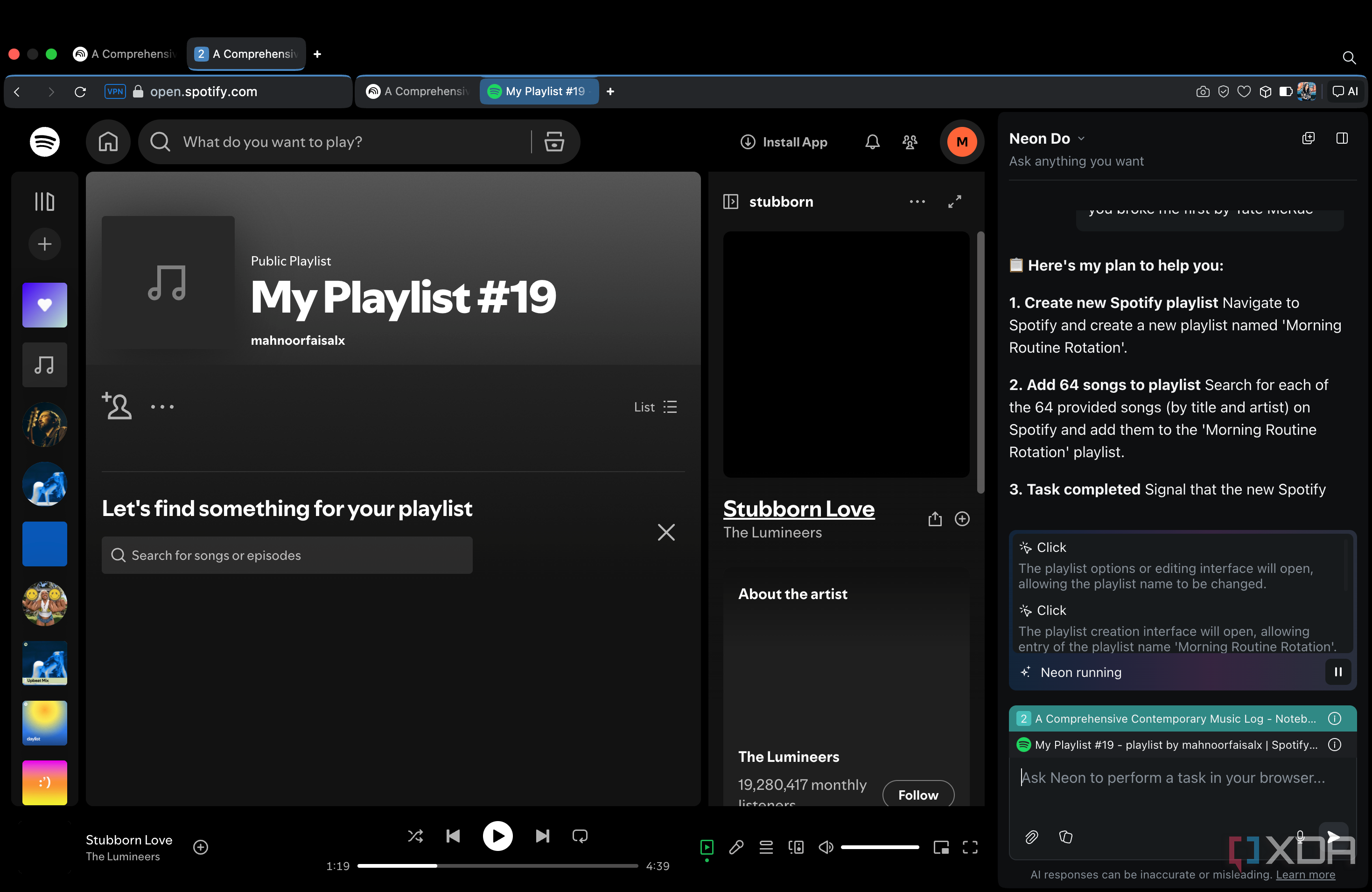 Opera Neon creating a playlist