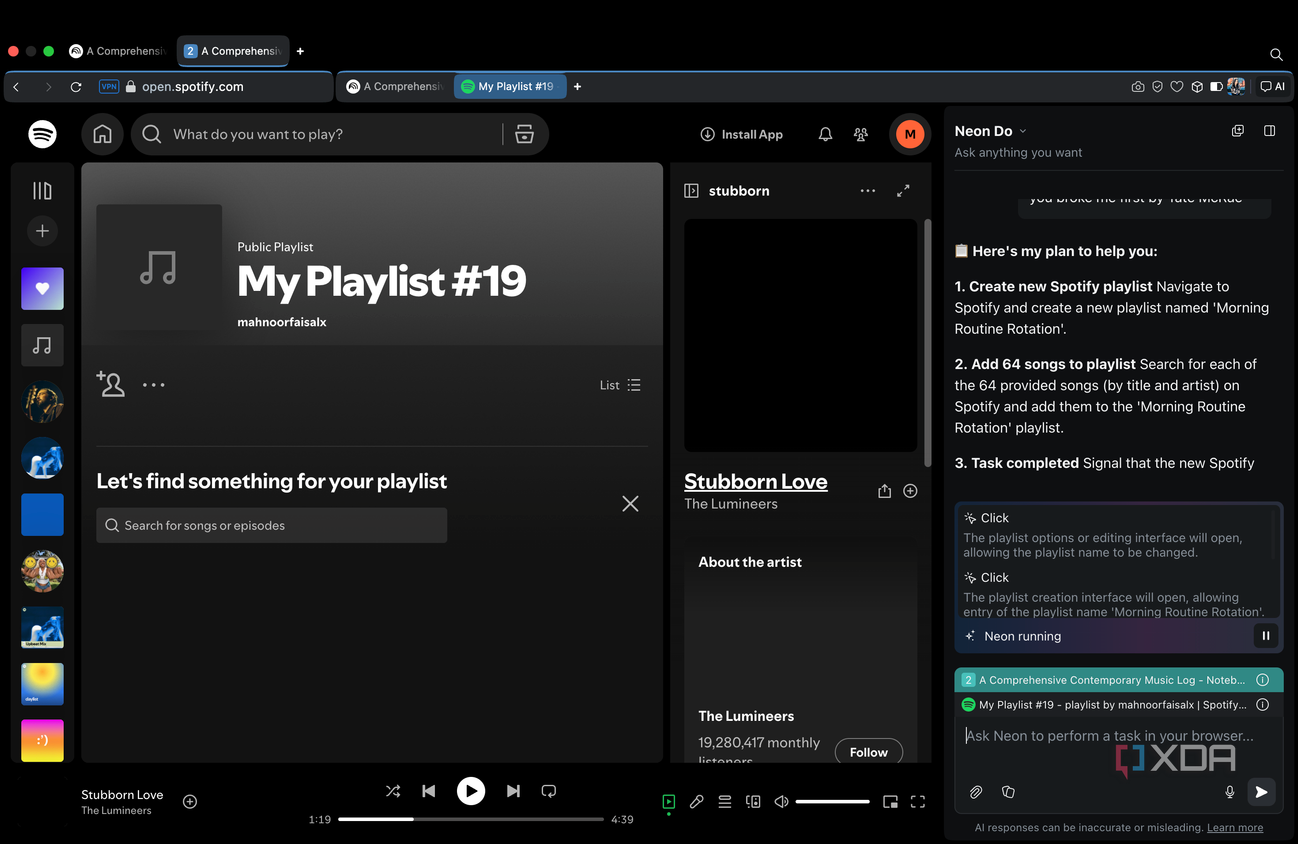 Opera Neon creating a playlist