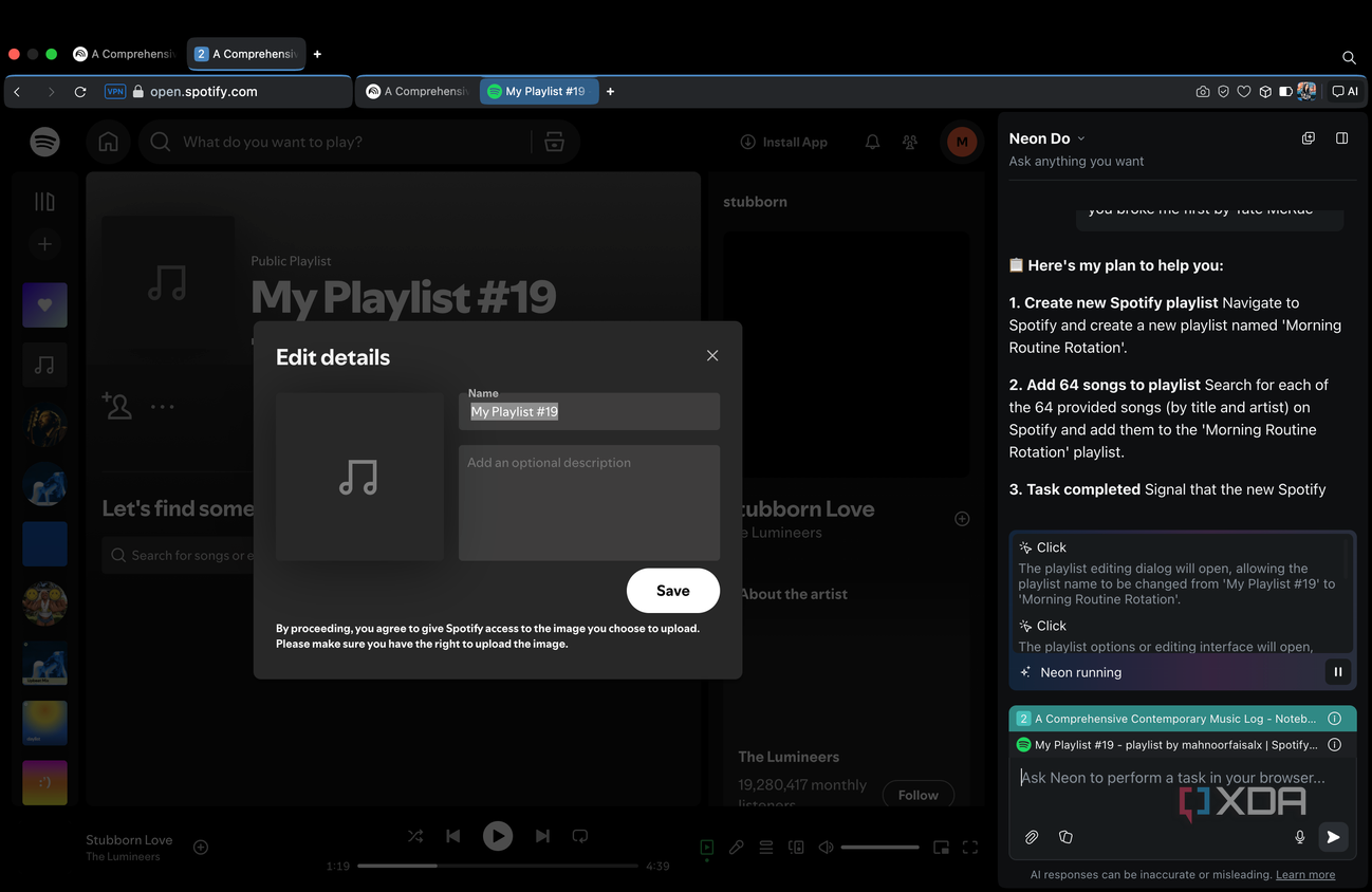 Opera Neon editing the playlist's name