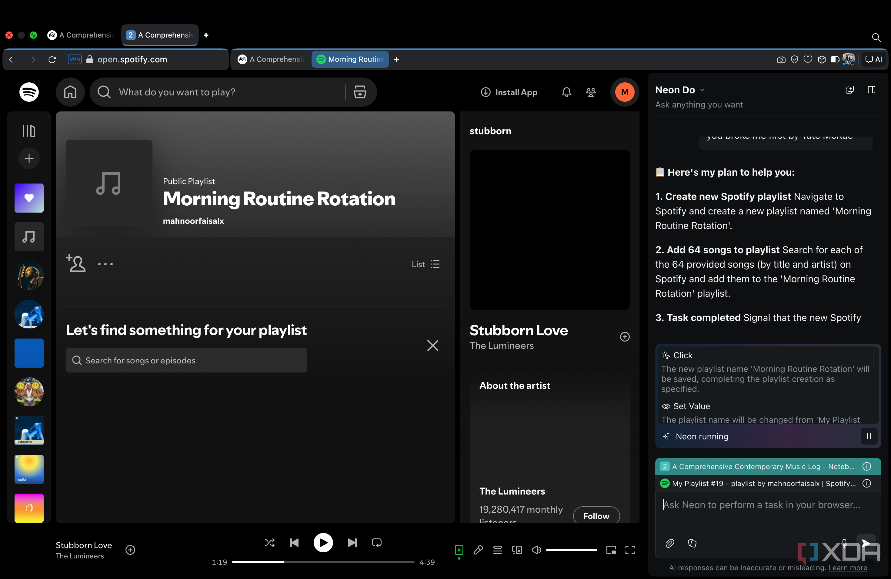 Opera Neon naming the playlist Morning Routine Rotation