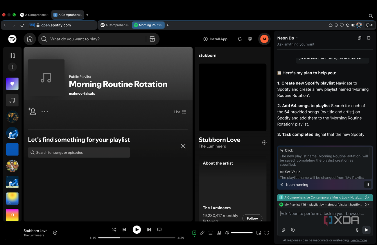 Opera Neon naming the playlist Morning Routine Rotation
