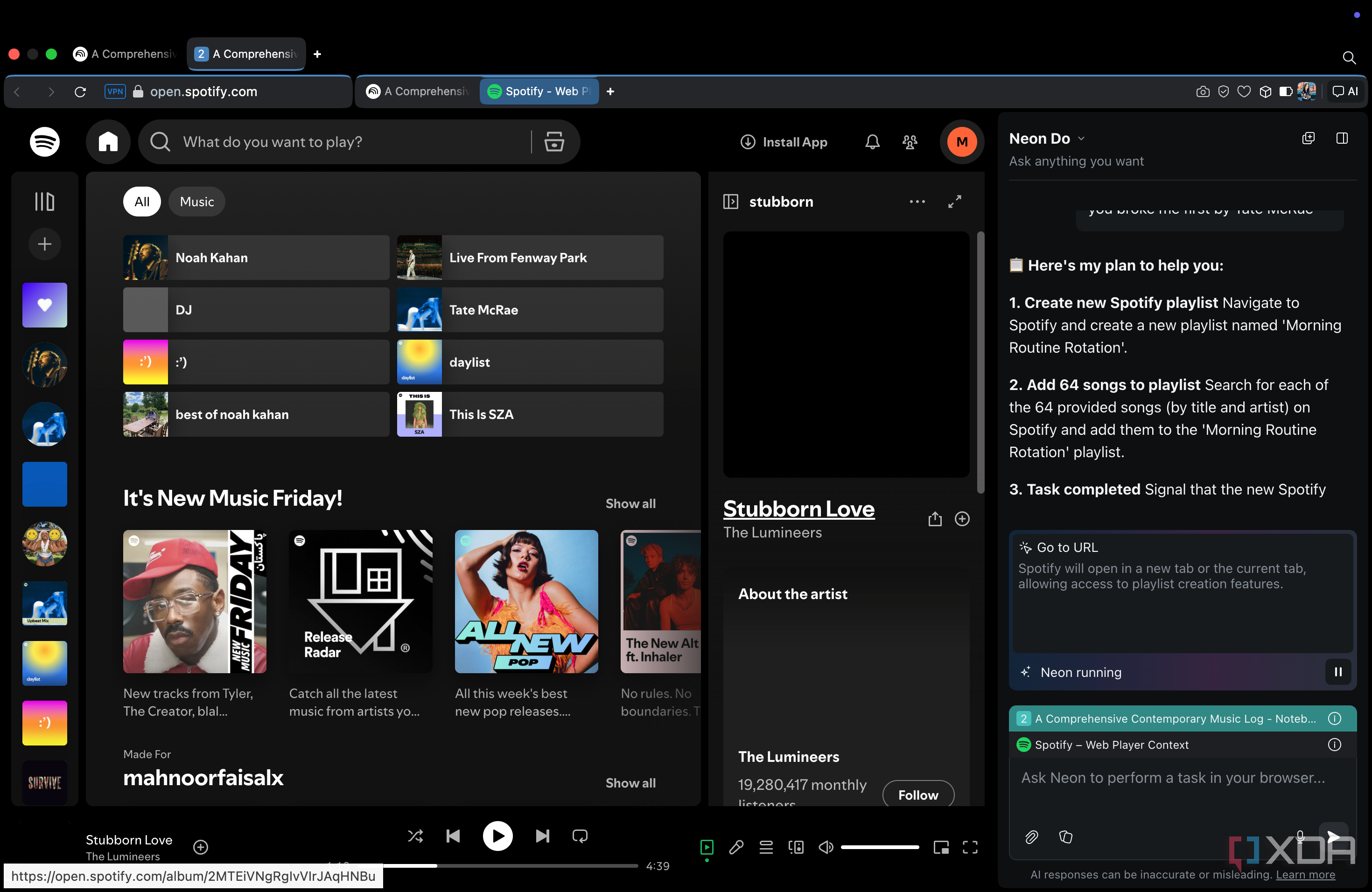 Opera Neon opening Spotify's website