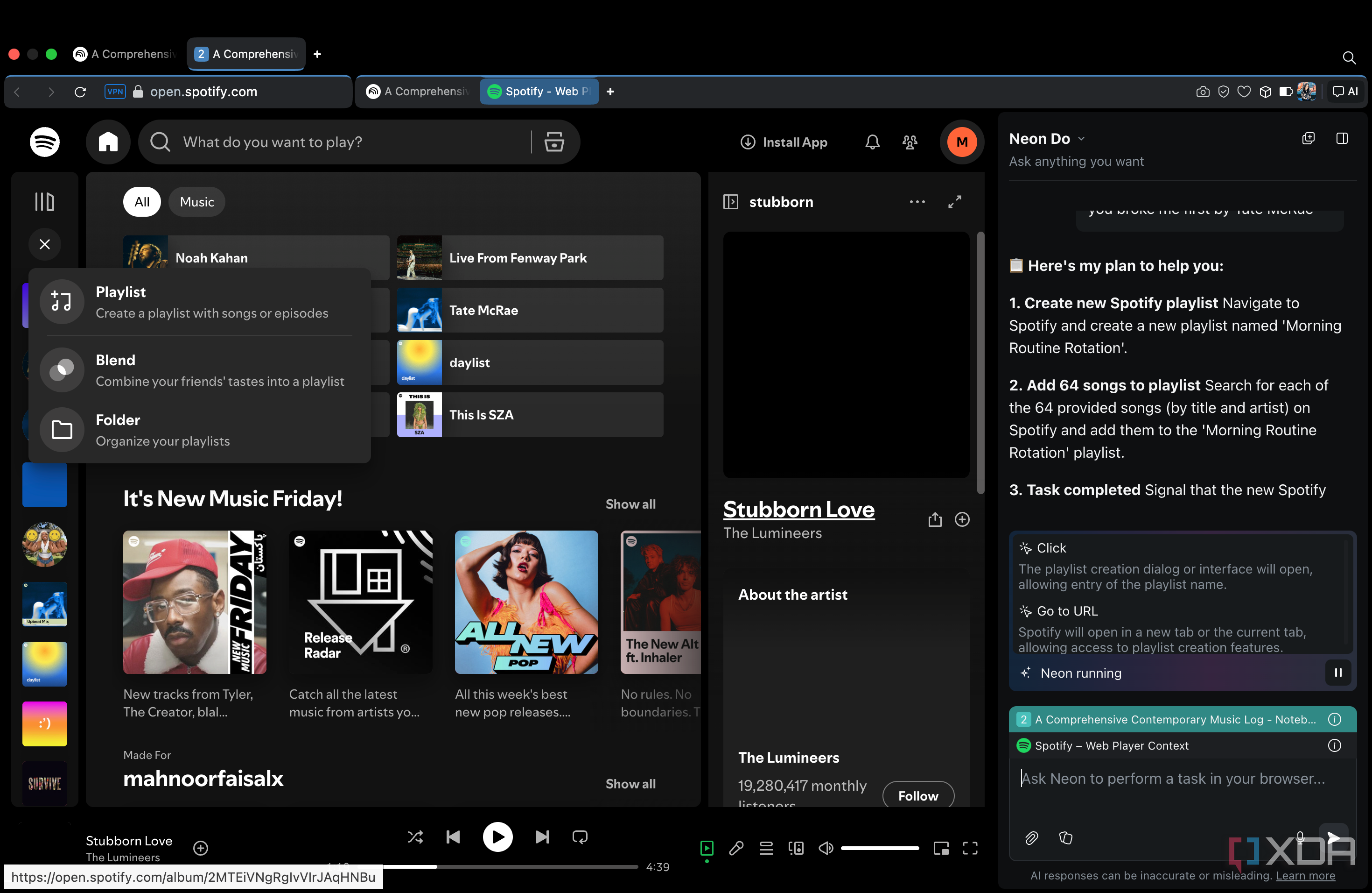Opera Neon opening the Playlist Option