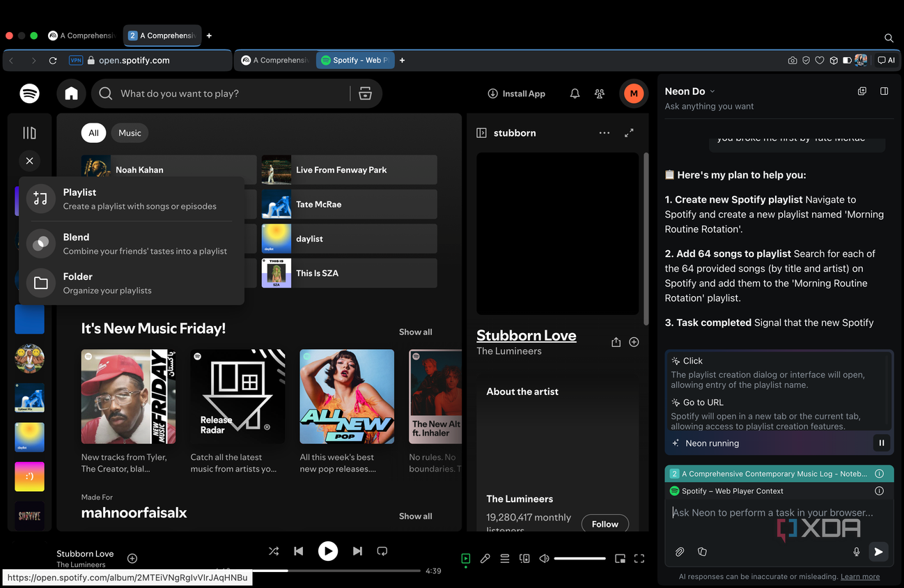 Opera Neon opening the Playlist Option