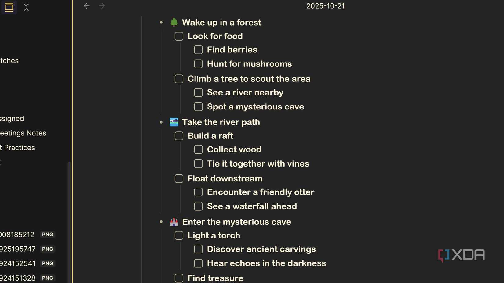 Lista de viajes de campamento con notas de estilo Outliner