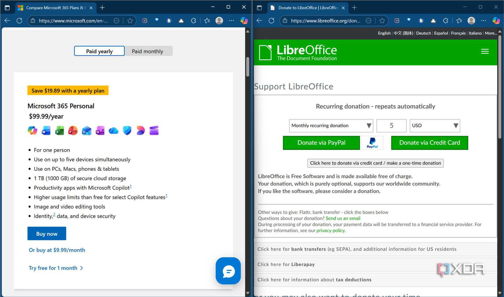 Screenshot of comparison of paid plans with Libre Office and Microsoft