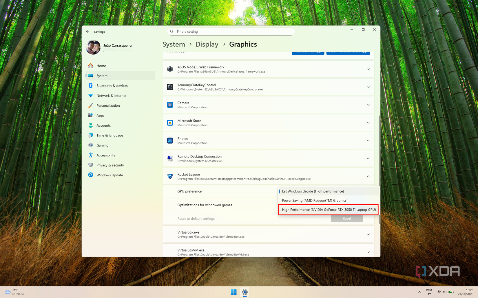 Screenshot of the Windows 11 Settings app showing a menu with the ability to choose a GPU with which to run a given app