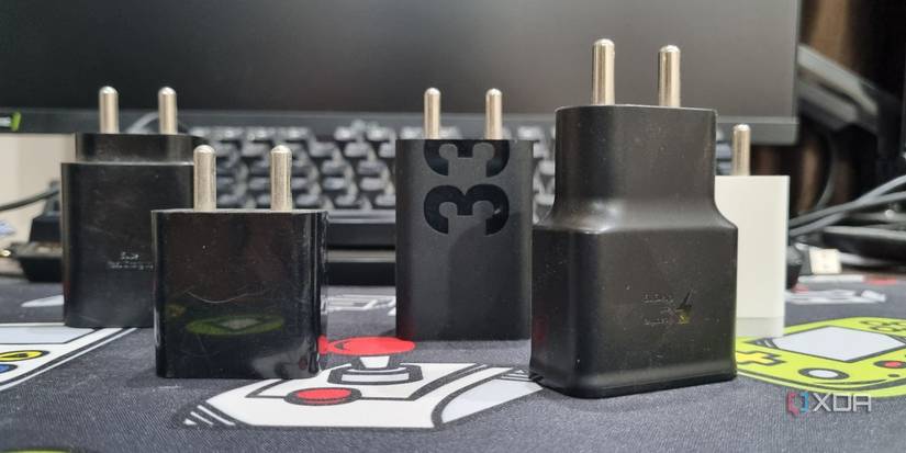 photo of power adapters infront of desktop