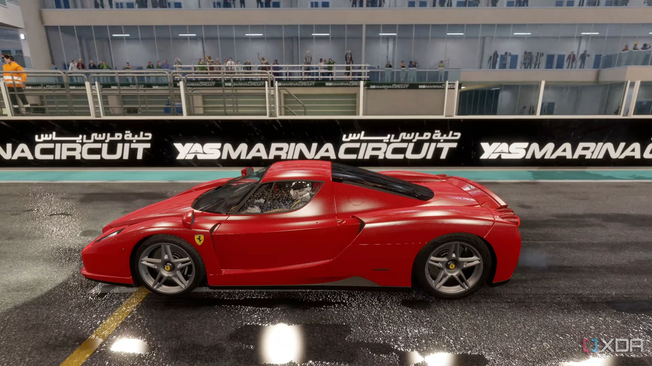 A Ferrari at the Yas Marina Circuit in Project Cars 3.