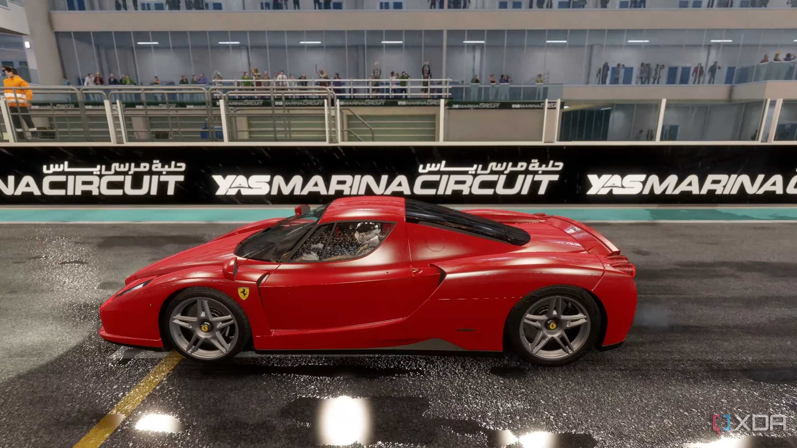 A Ferrari at the Yas Marina Circuit in Project Cars 3.