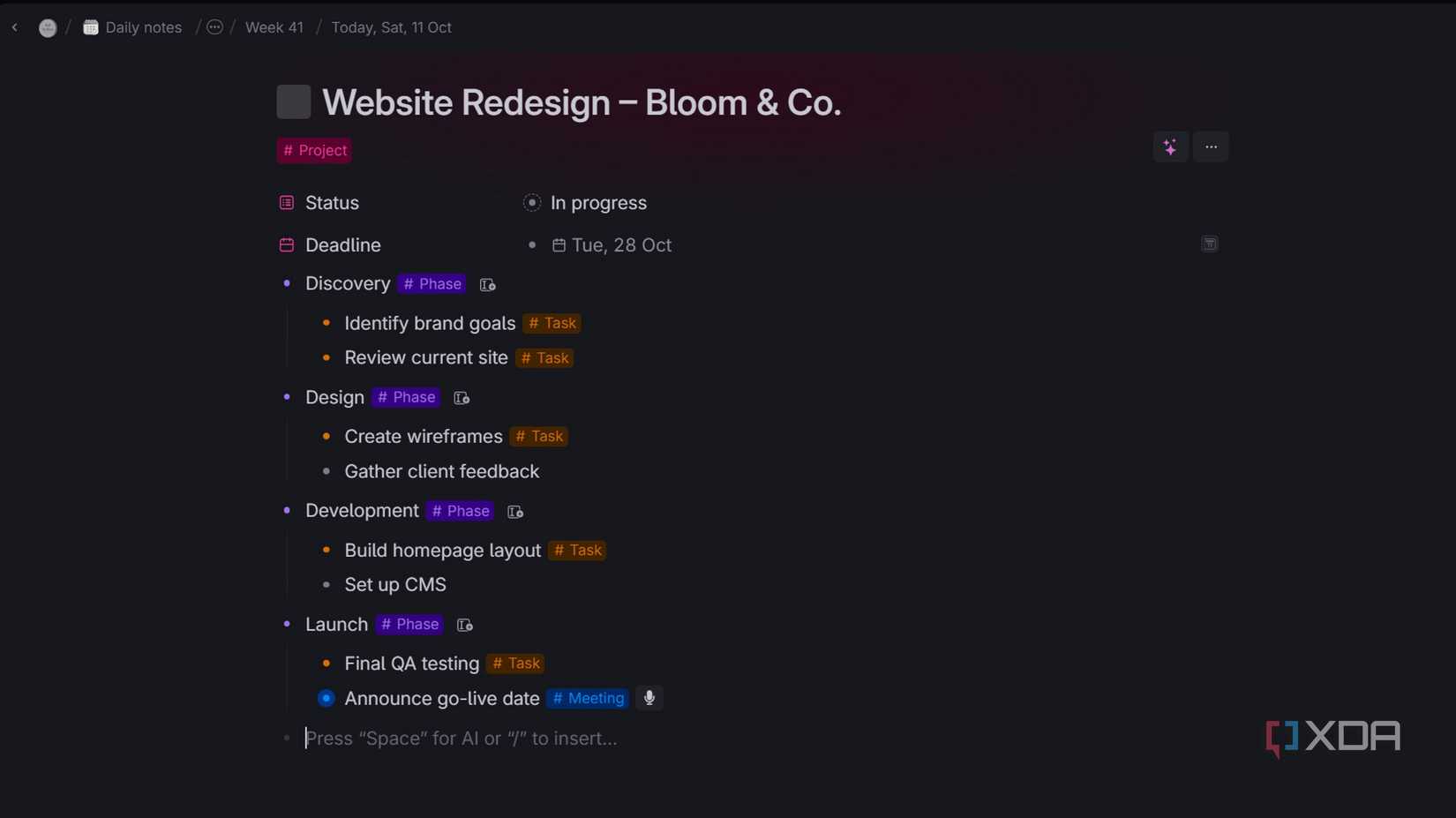 Screenshot of project planning example on Tana