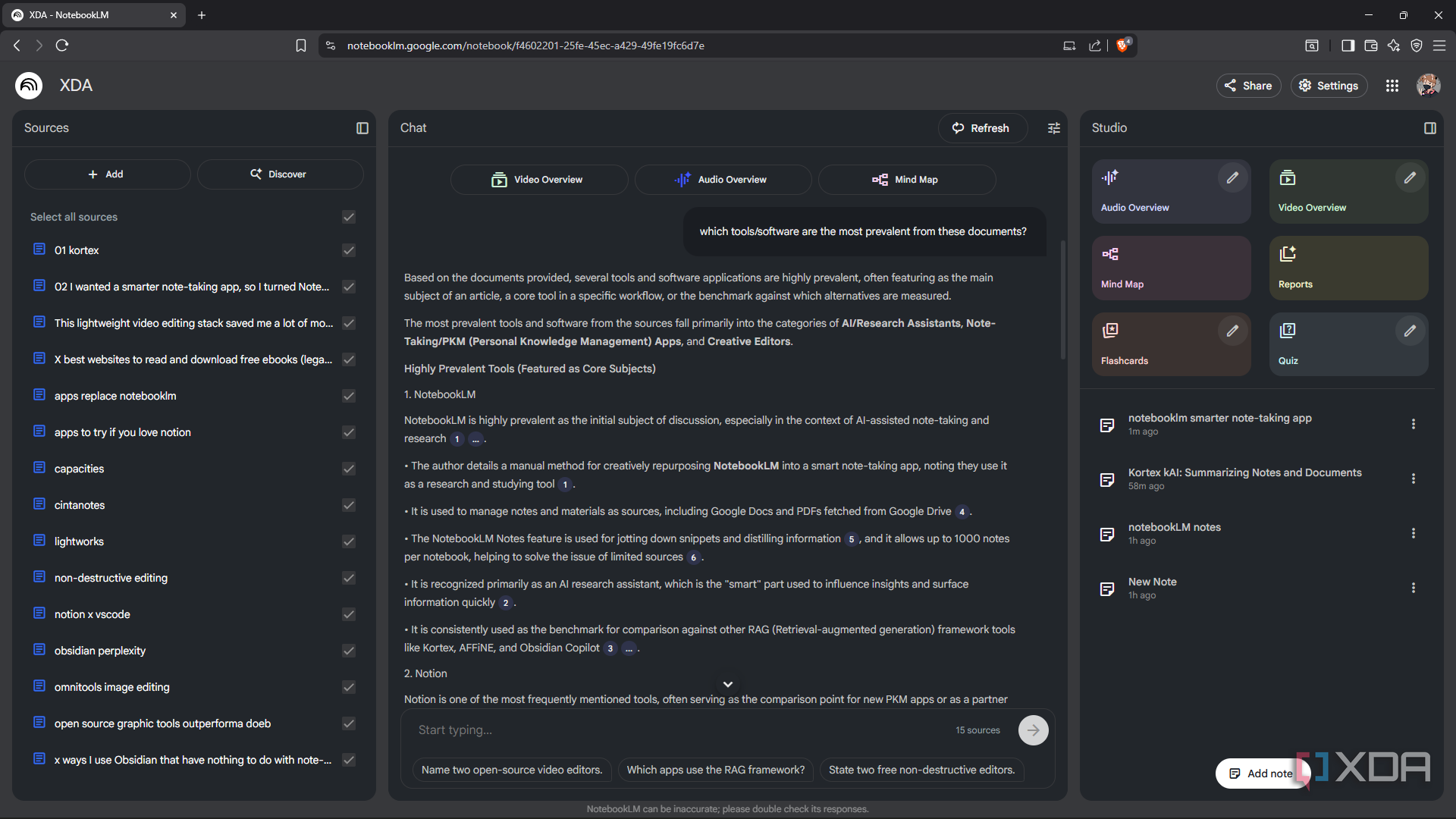 Prompting NotebookLM for a summary of sources