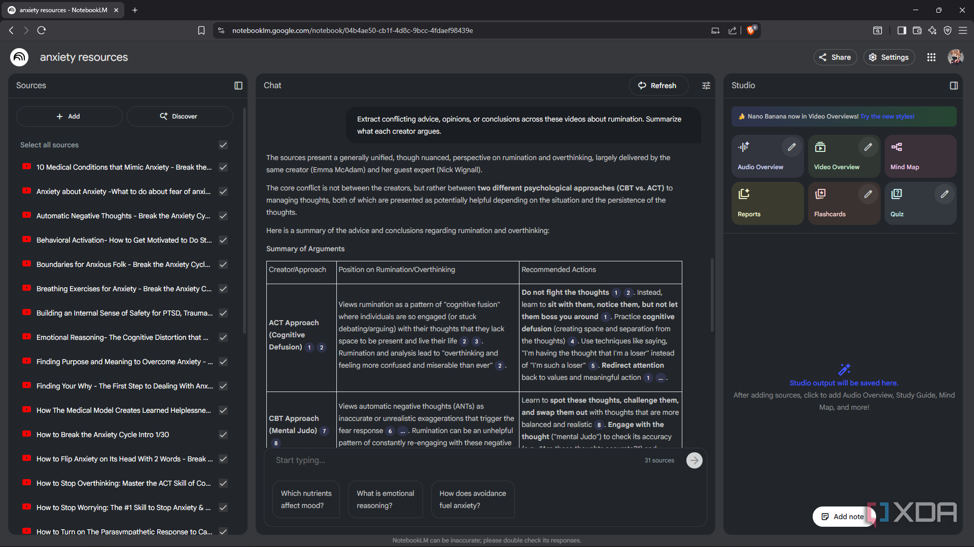 Prompting NotebookLM for contradicting advice in sources