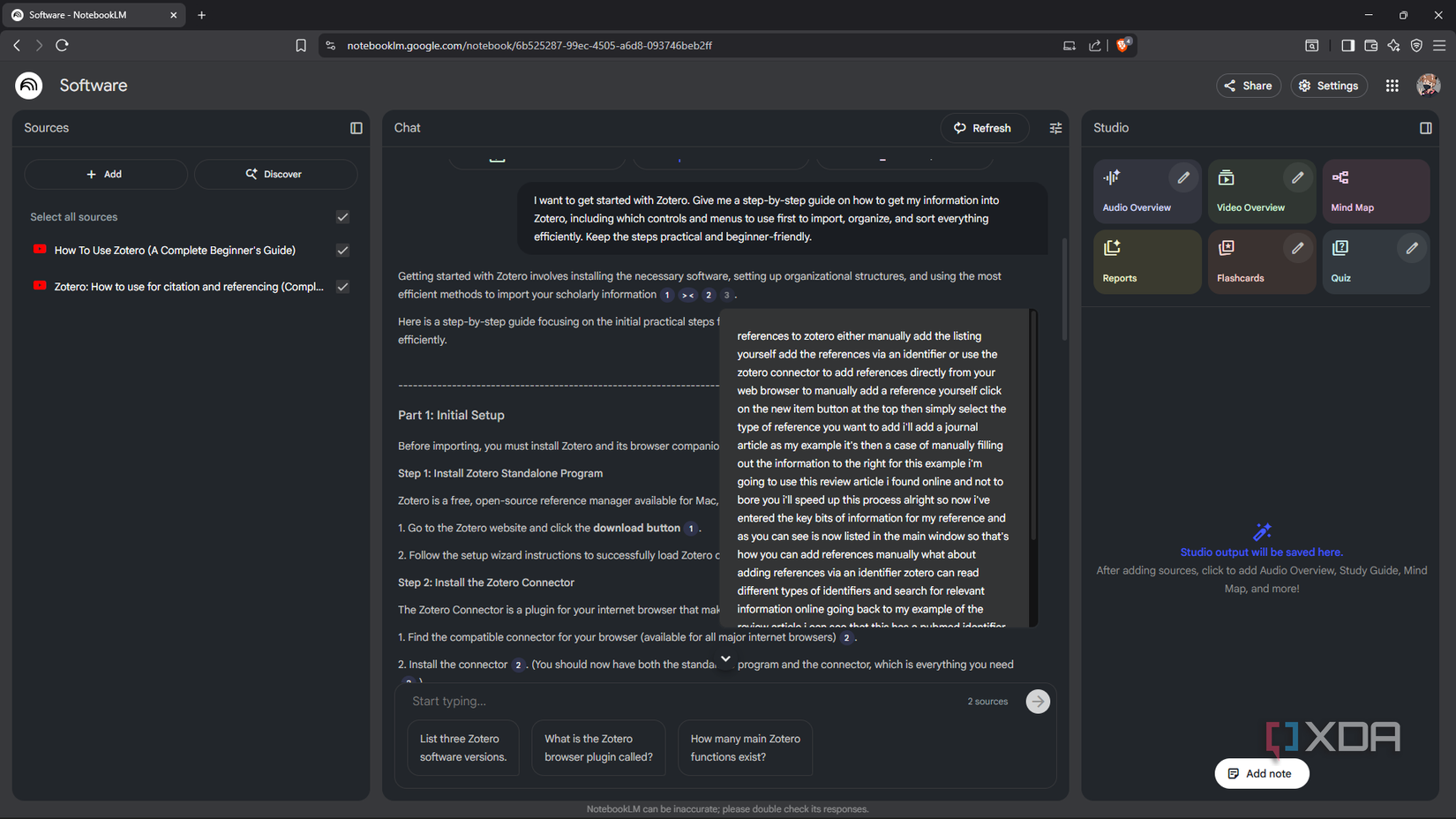 Prompting NotebookLM for steps to learn software