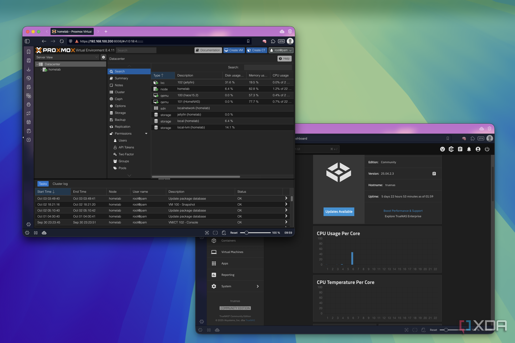 Screenshot of the web UI for both Proxmox and TrueNAS