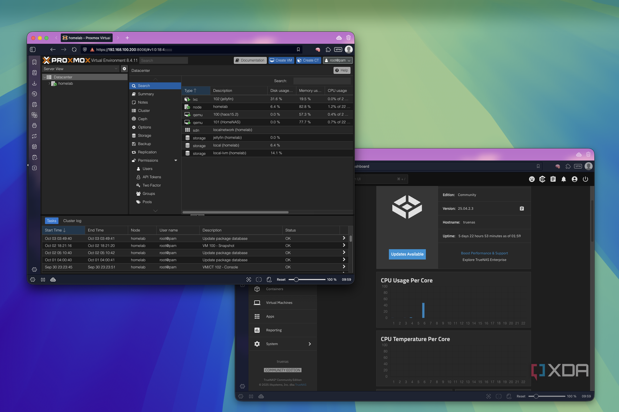 Screenshot of the web UI for both Proxmox and TrueNAS