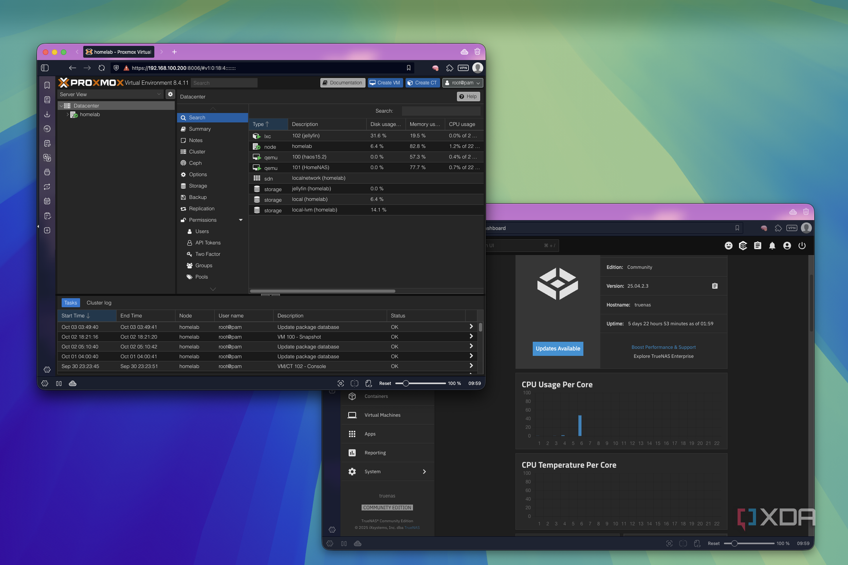 Screenshot of the web UI for both Proxmox and TrueNAS