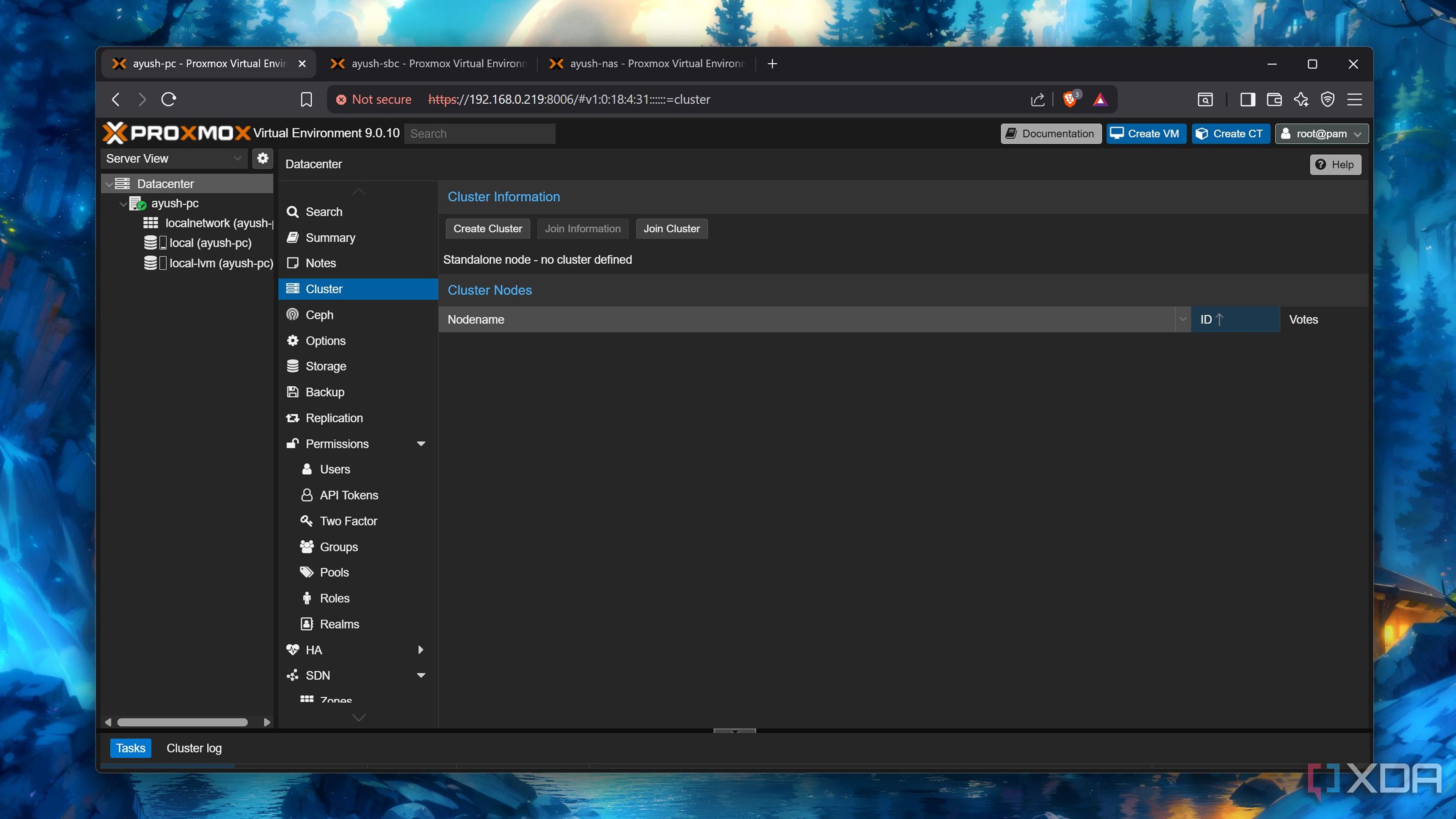 The Cluster tab on a Proxmox node