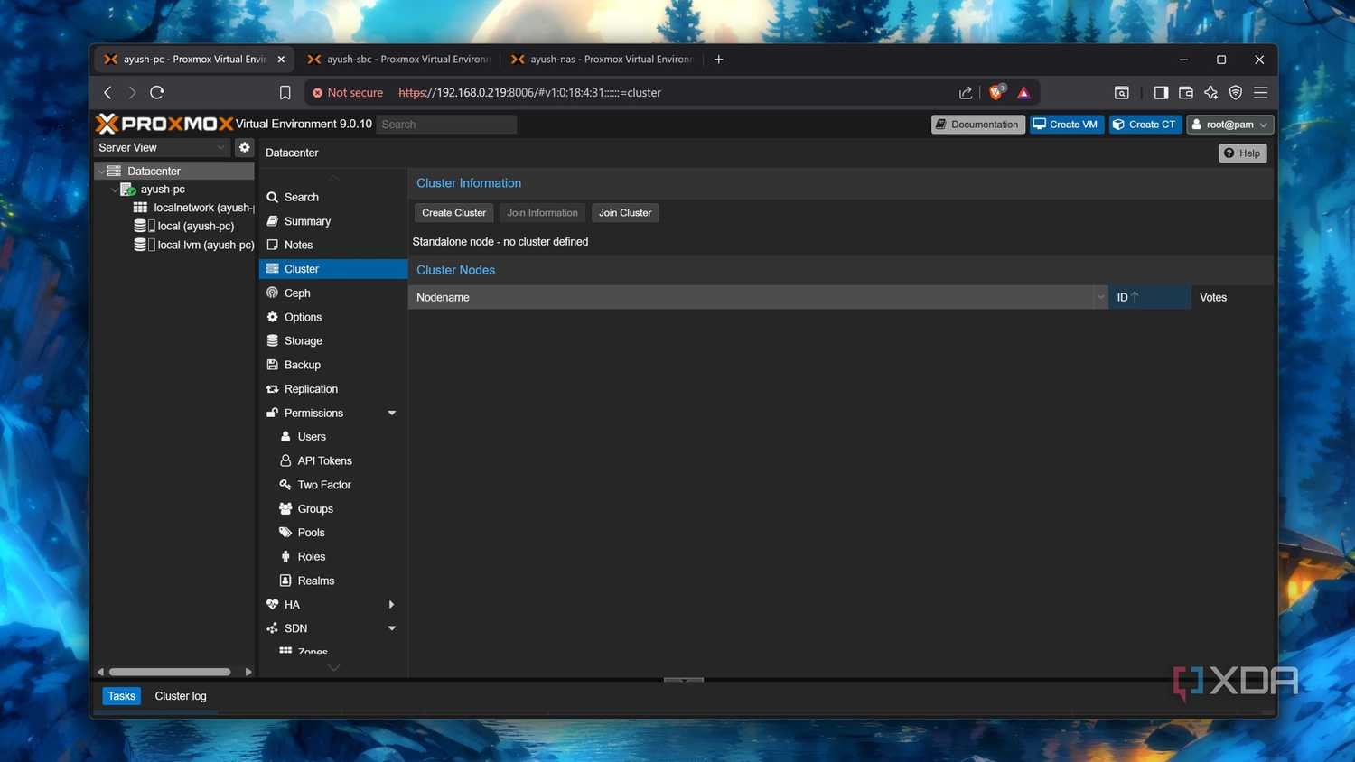 The Cluster tab on a Proxmox node