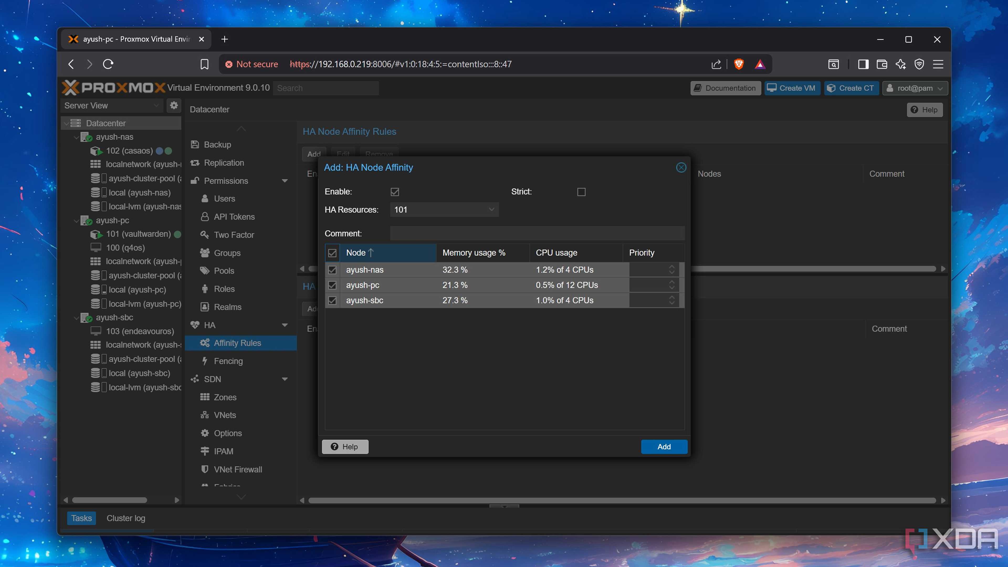 Selecting the PVE systems in the HA Node Affinity section