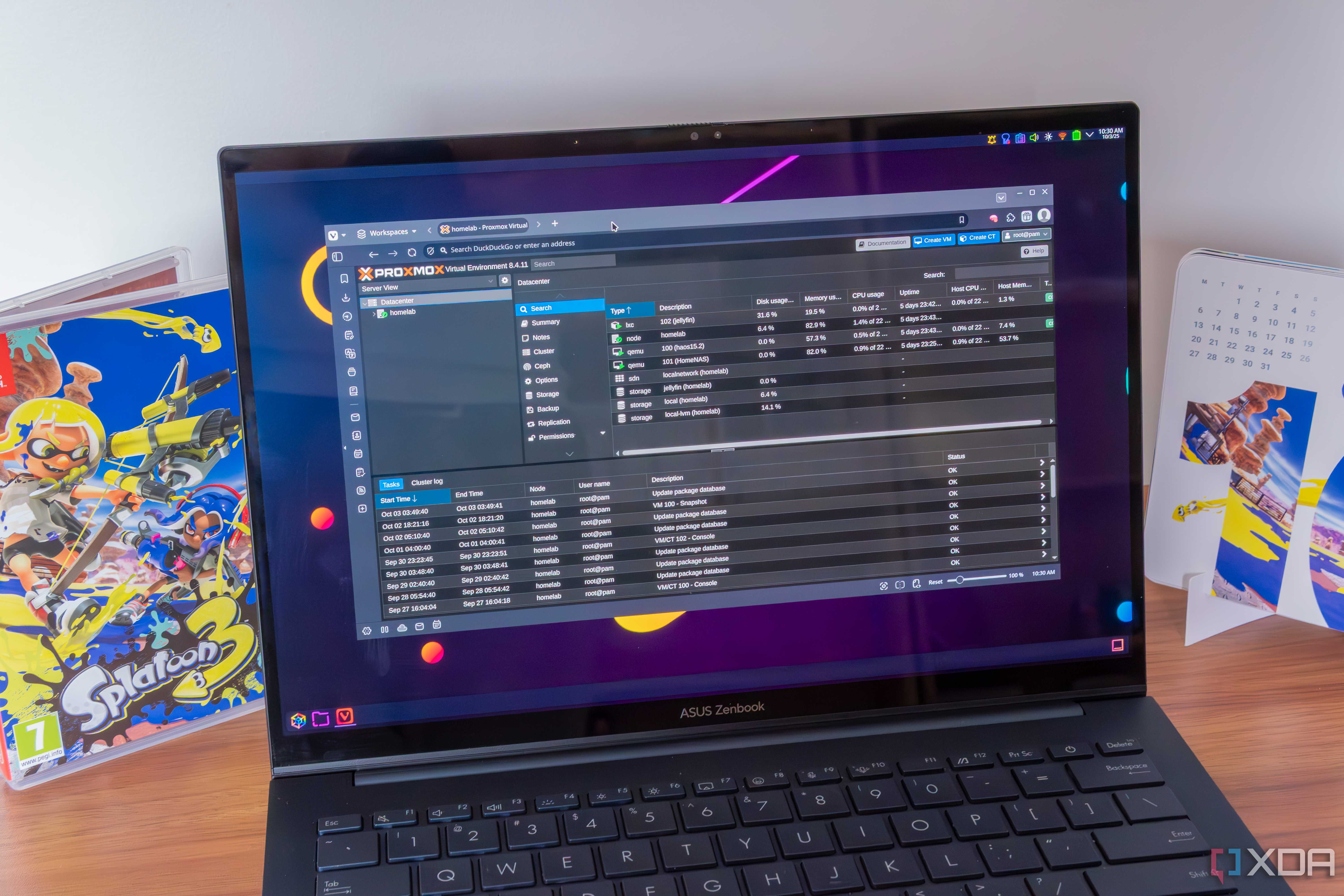 A laptop showing the Proxmox web UI showing information about the selected node