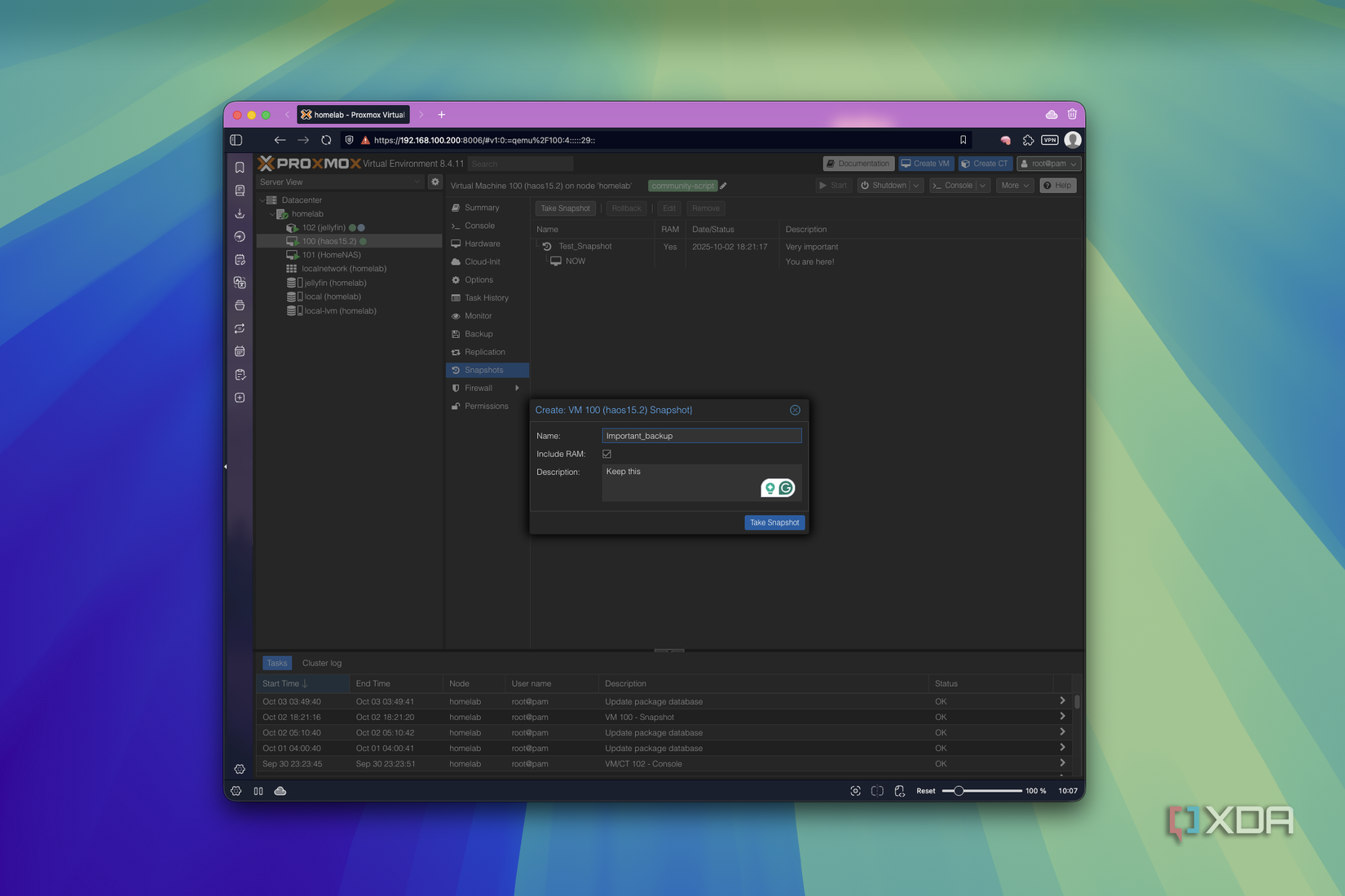 Screenshot of the Snapshots tab in Proxmox while creating a new snapshot for a VM