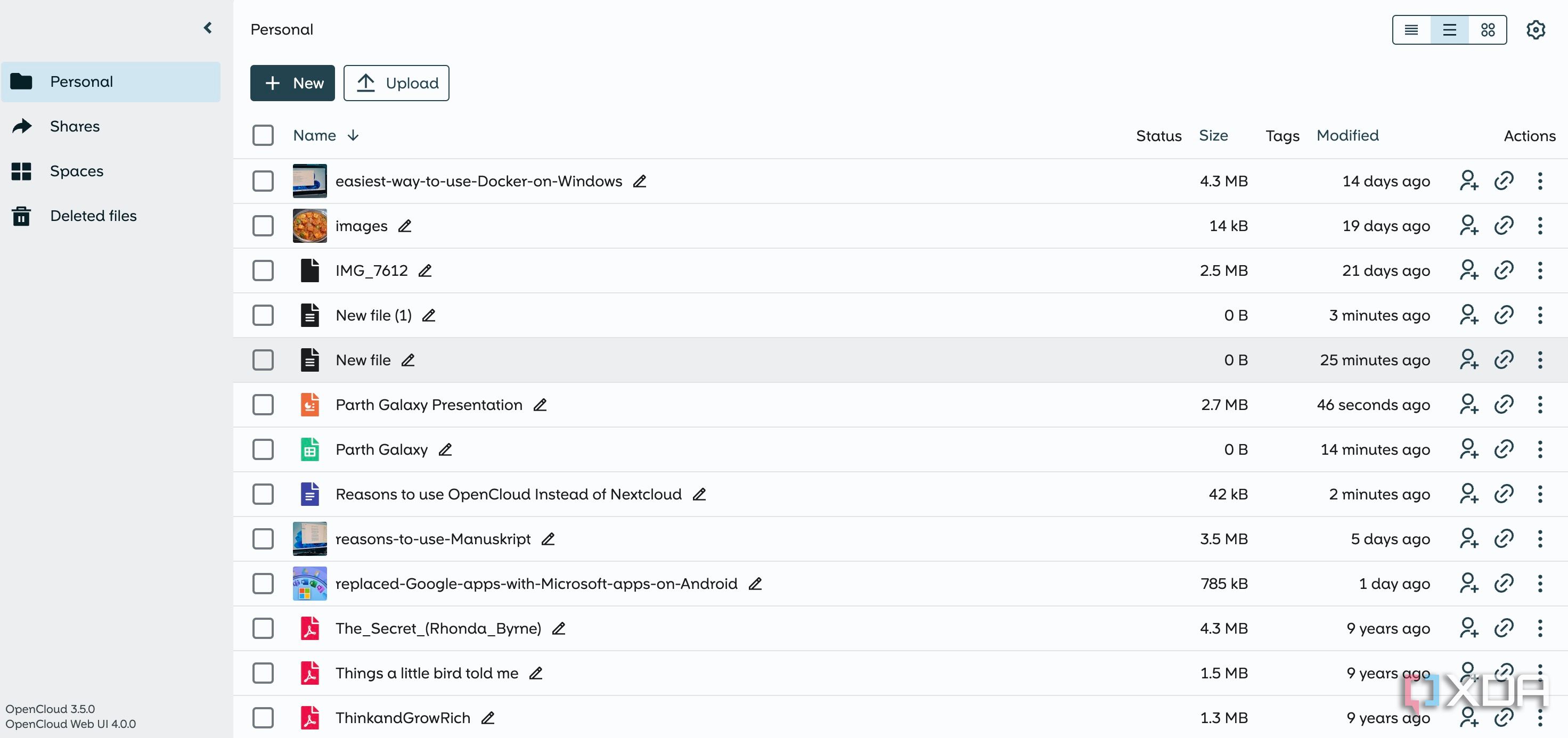 OpenCloud home in list view