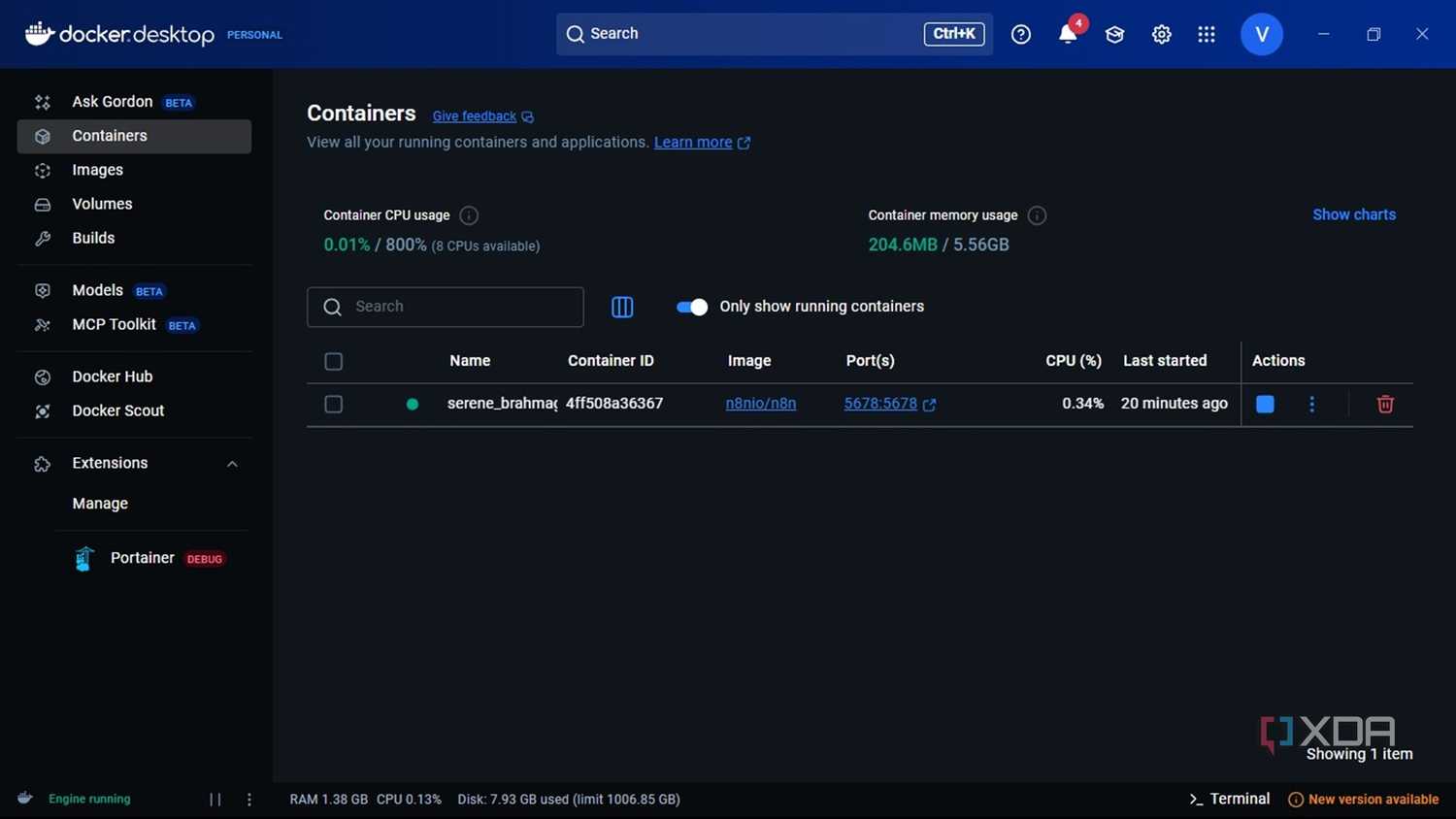 Screenshot of running docker container for n8n