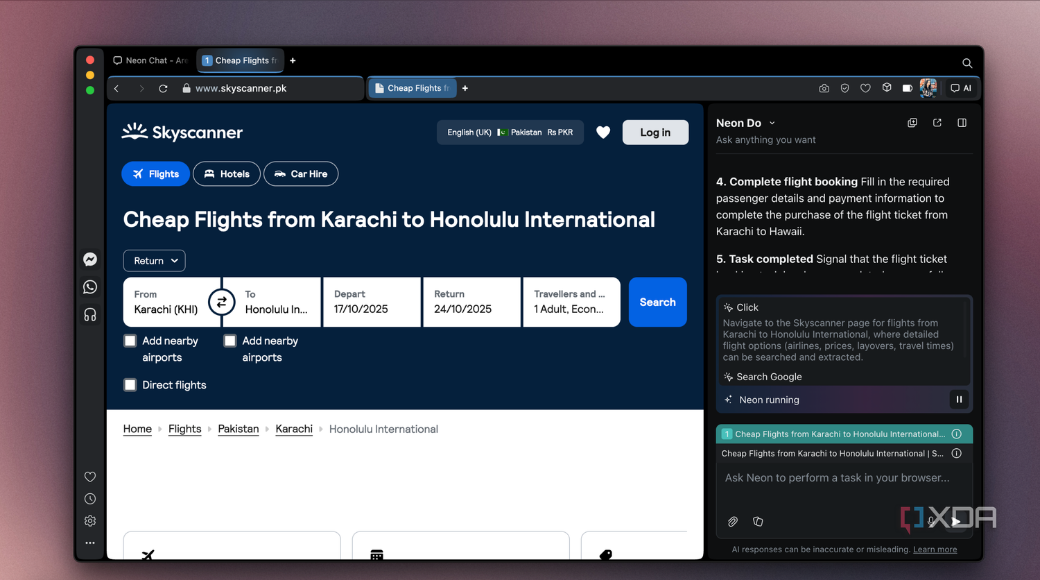 Opera Neon Do booking a flight