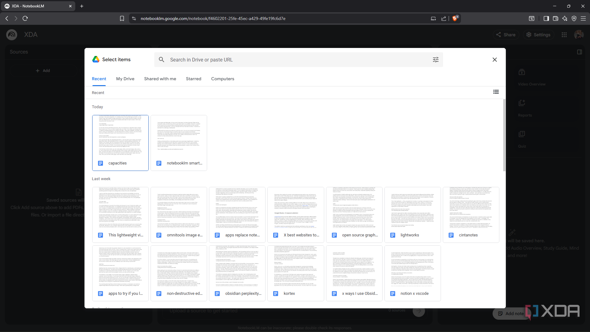 Selecting Google Doc sources from Google Drive in NotebookLM