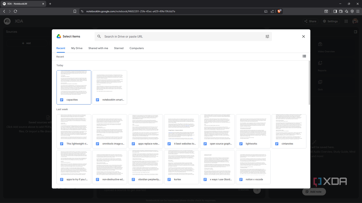 Selecting Google Doc sources from Google Drive in NotebookLM