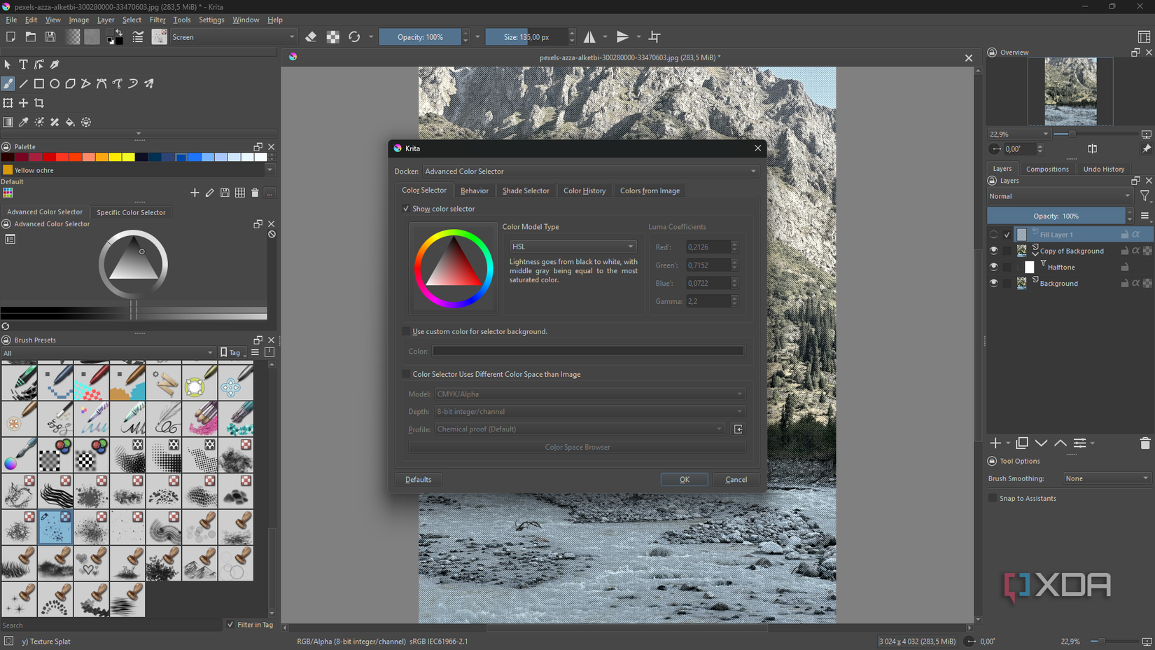 Selecting the HSL color model in Krita