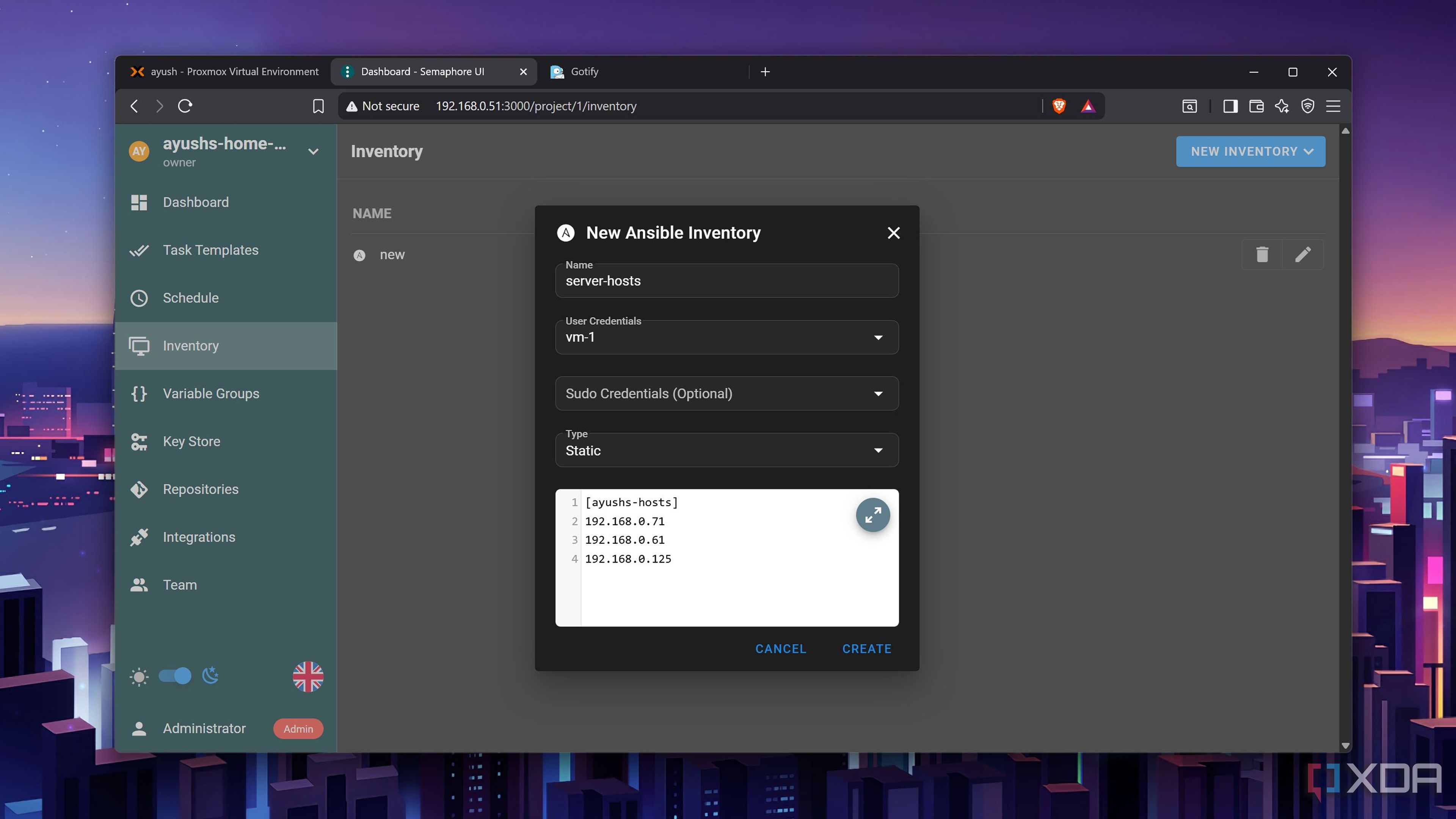 The Ansible Inventory in Semaphore's web UI
