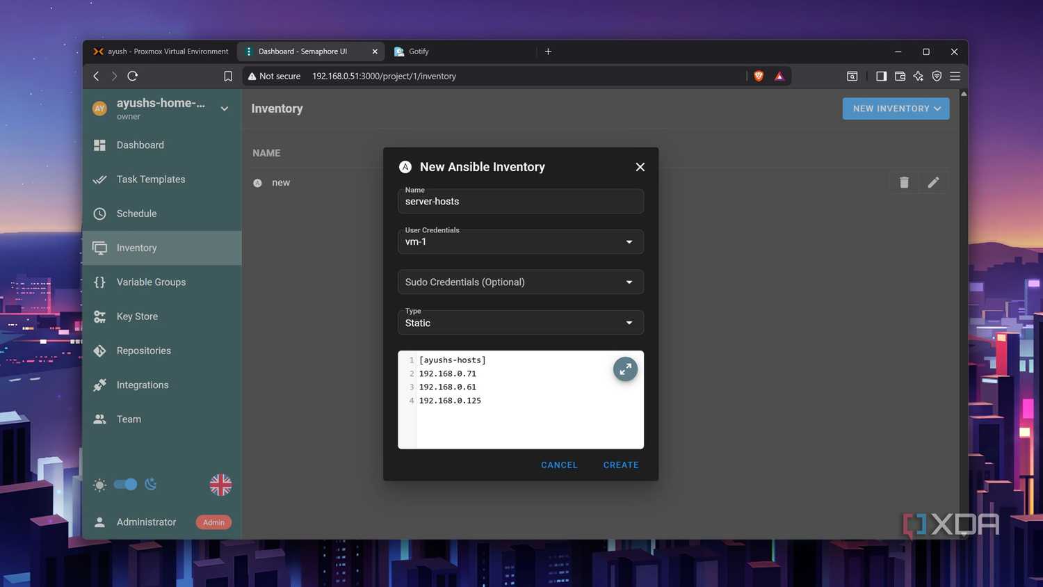 The Ansible Inventory in Semaphore's web UI