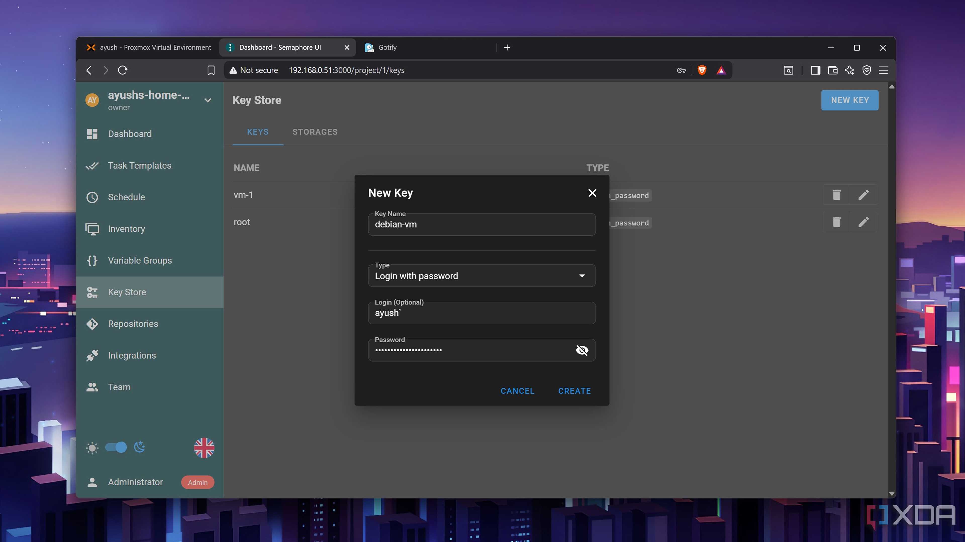 The Ansible Key Store in Semaphore's web UI
