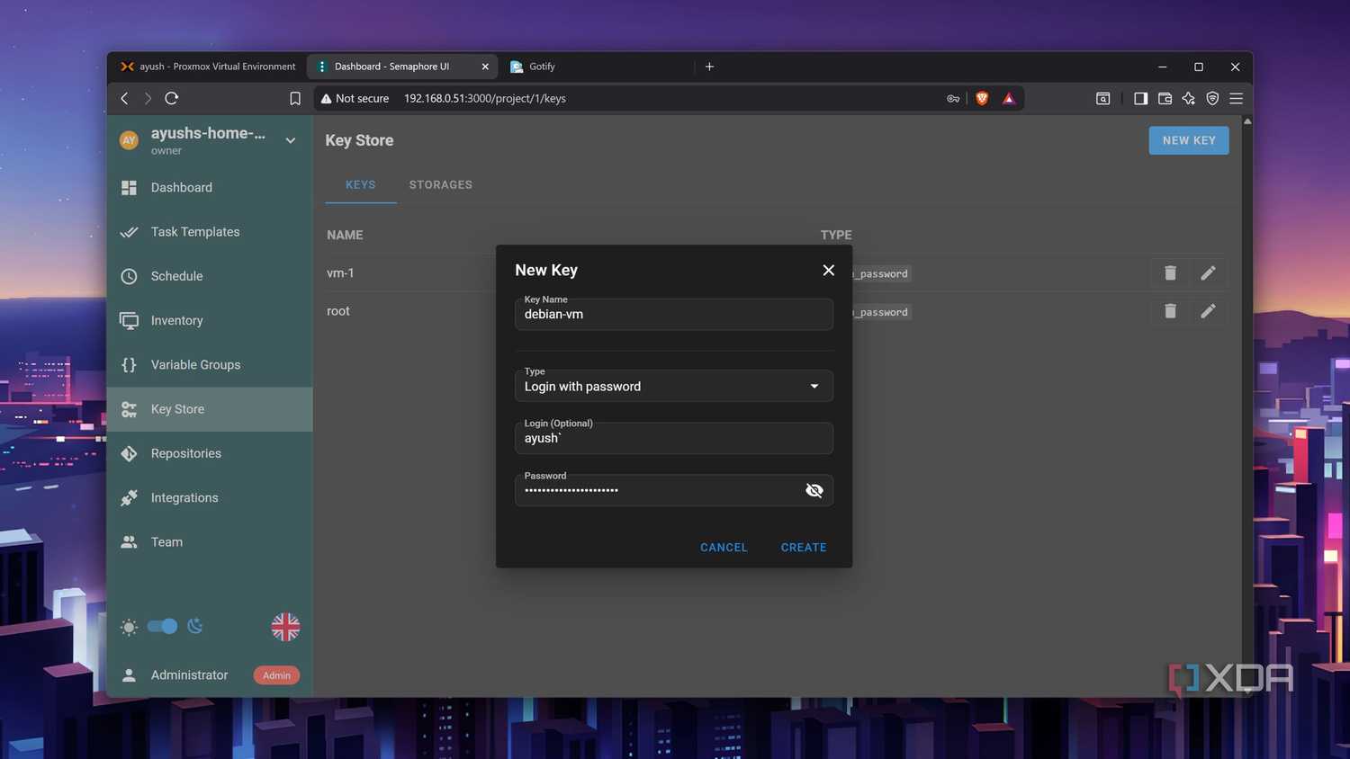 The Ansible Key Store in Semaphore's web UI