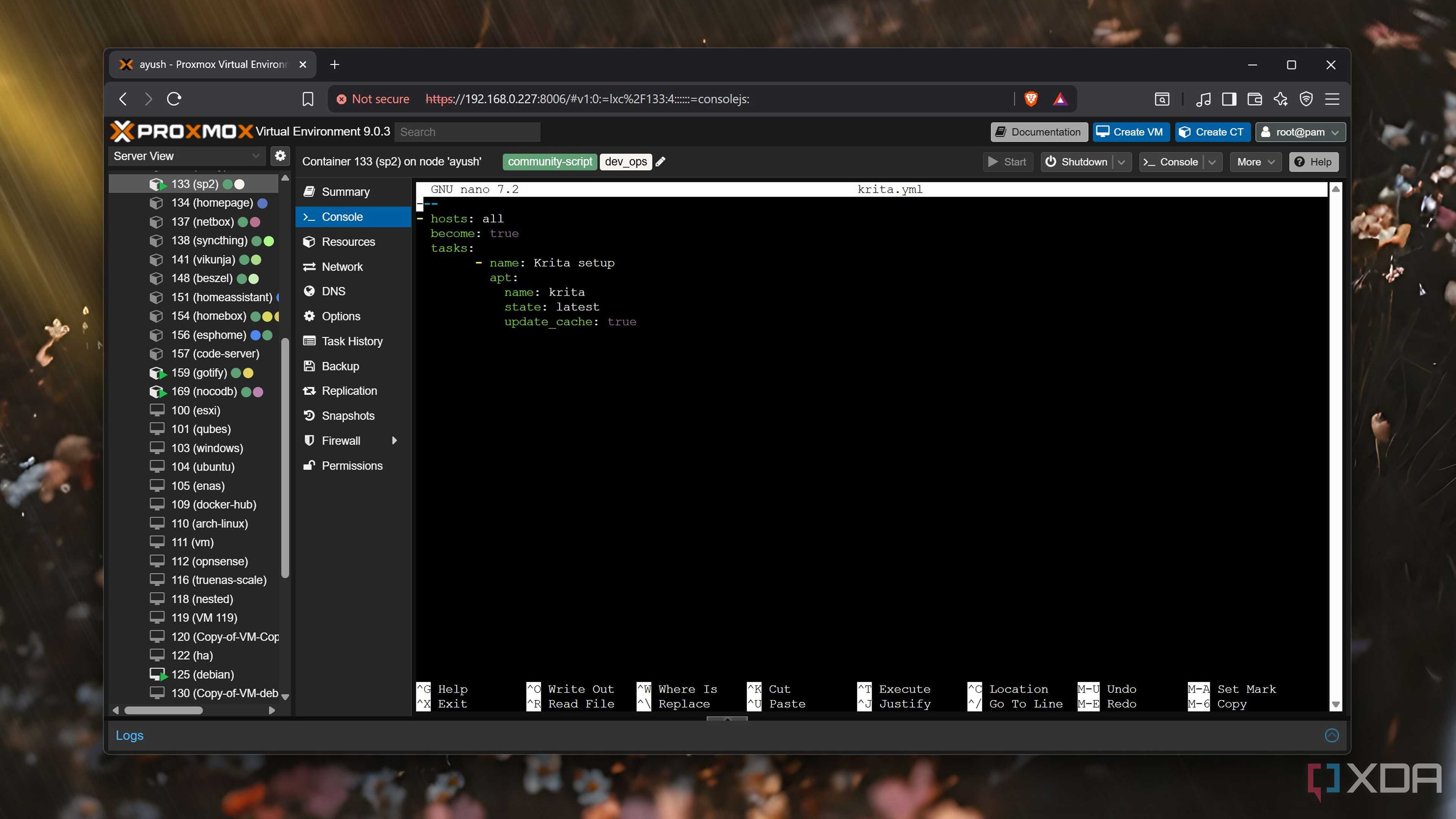 An Ansible playbook in Proxmox's web UI